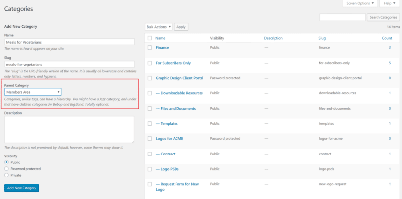 Create sub-categories using Password Protected Categories