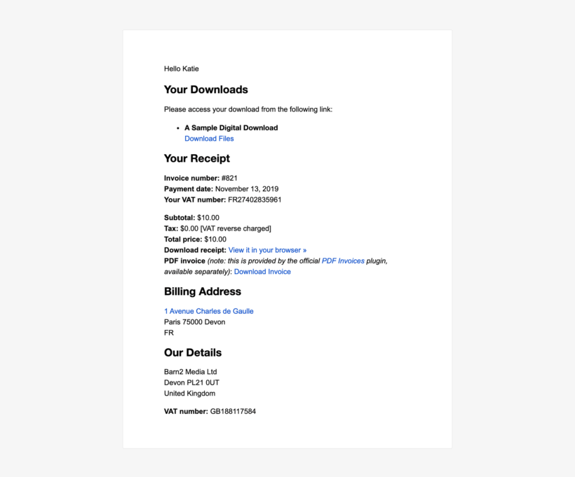 EDD European VAT WordPress plugin screenshot email receipt