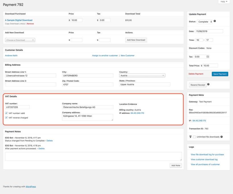EDD EU VAT screenshot - VAT Details on Payment Screen