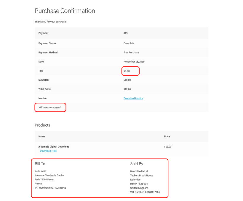 EDD EU VAT plugin screenshot payment confirmation page with tax charged