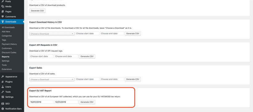 Export EU VAT collected from Easy Digital Downloads report