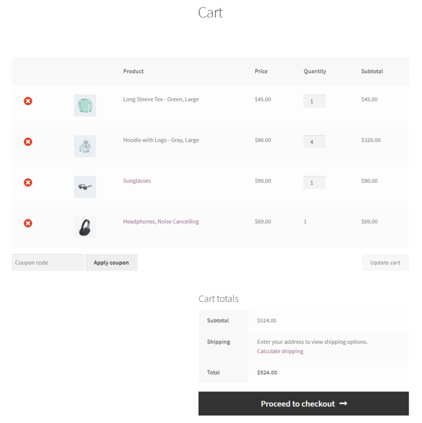 Front-end preview of the WooCommerce shopping cart