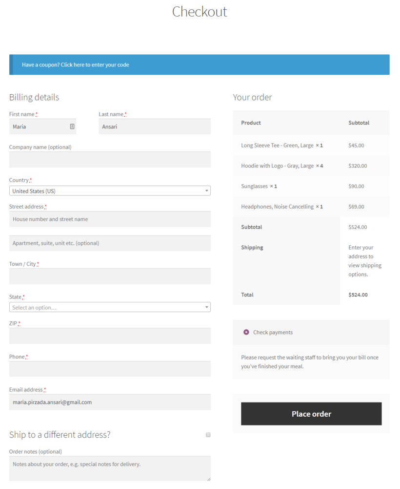 Preview of the WooCommerce checkout page