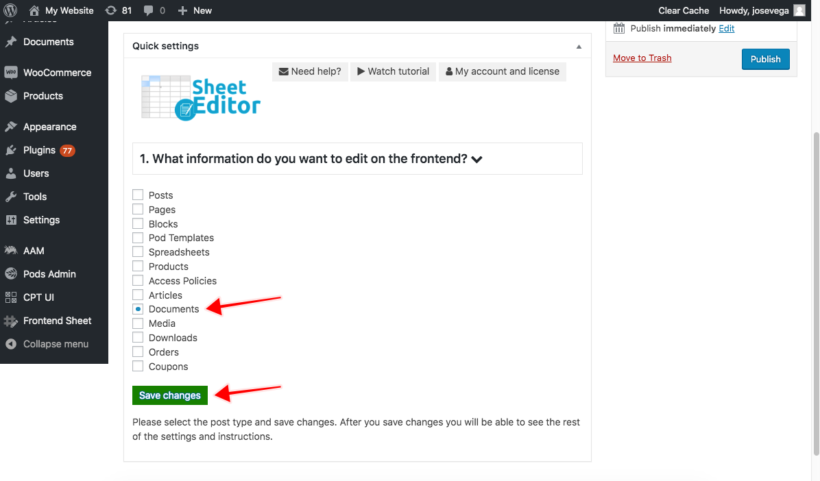 Select WordPress post type for front end editor