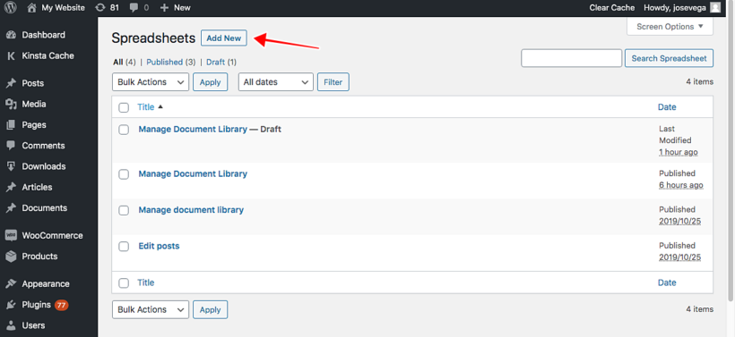 WordPress spreadsheet editor add new