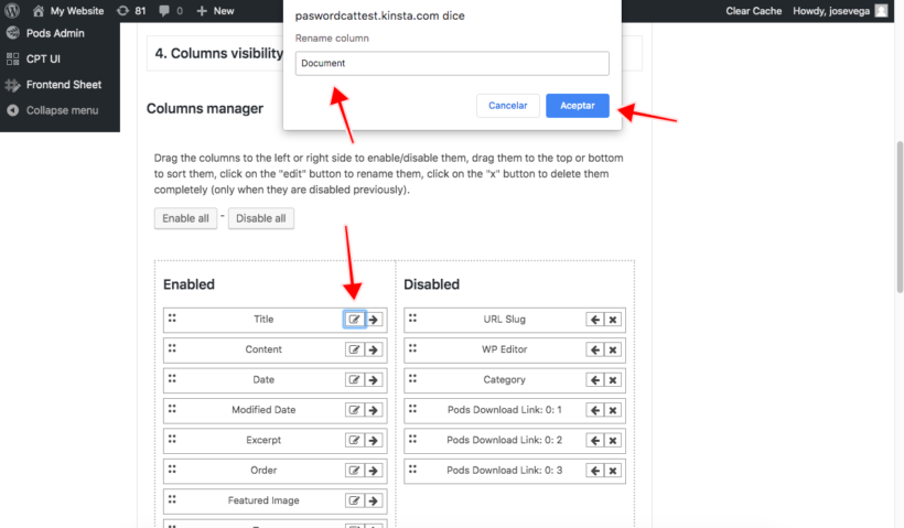 WordPress spreadsheet editor rename columns