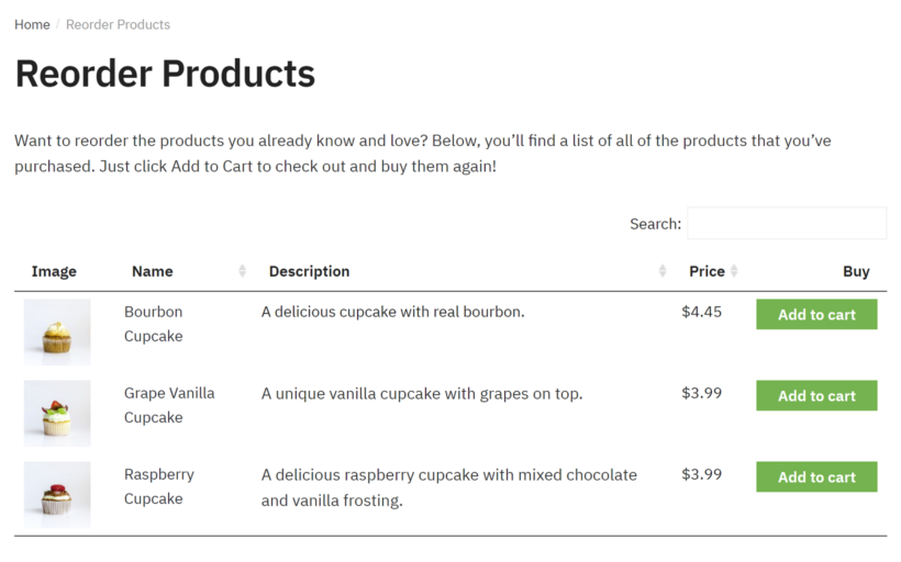 Example of WooCommerce reorder plugin