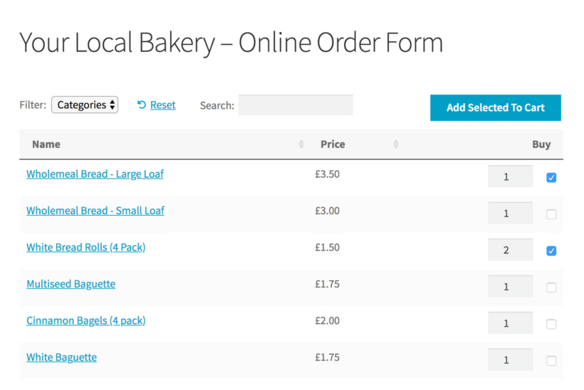 Online bakery order form WooCommerce