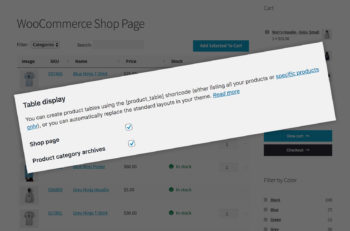 WooCommerce product table shop page categories