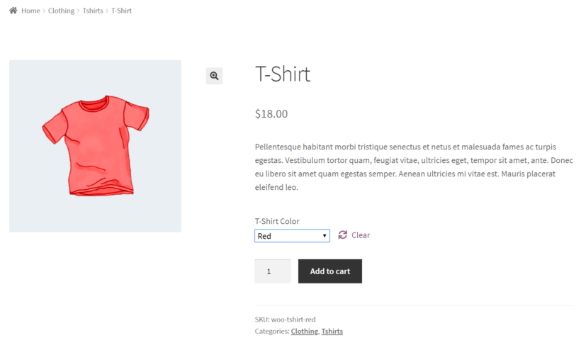 Front-end preview of WooCommerce product variation