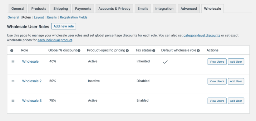 WooCommerce wholesale roles settings page