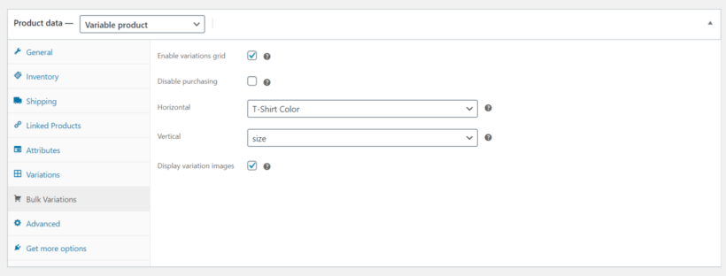 WooCommerce Bulk Variations settings