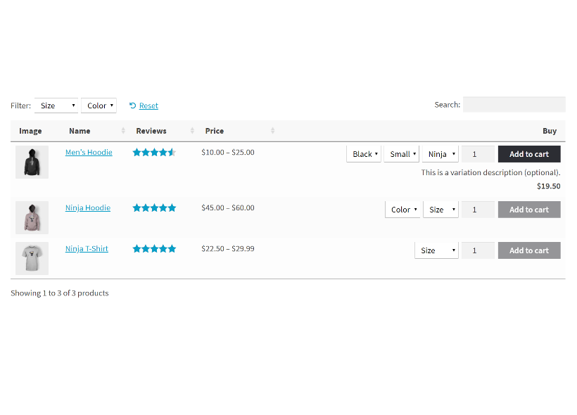 Prices for multiple products listed in a table
