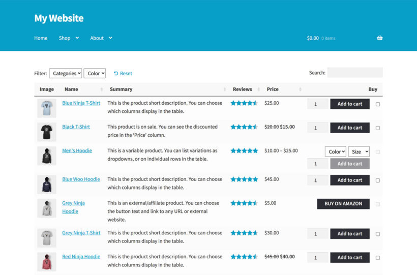WooCommerce Product List View Order Form Table Plugin