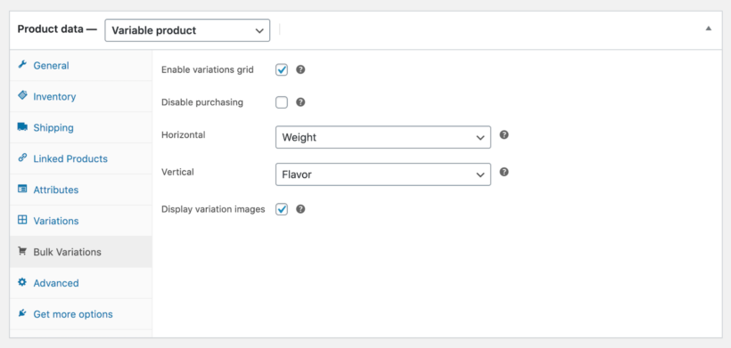 WooCommerce Bulk Variations plugin settings