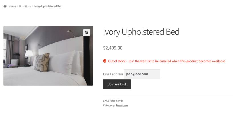 Preview of WooCommerce Waitlist back in stock notifier on the front-end