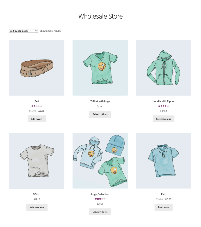 Main shop page for wholesale users