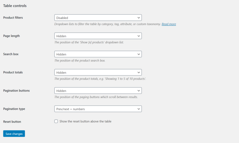 WooCommerce Product Table table controls settings