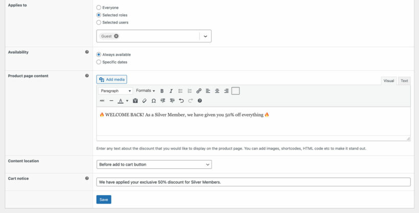 Role-based pricing for WooCommerce add product page content select role