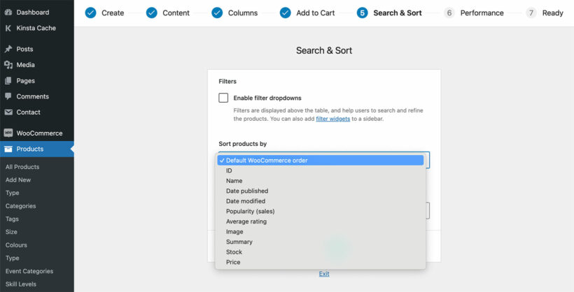 WooCommerce product sort options in Table builder