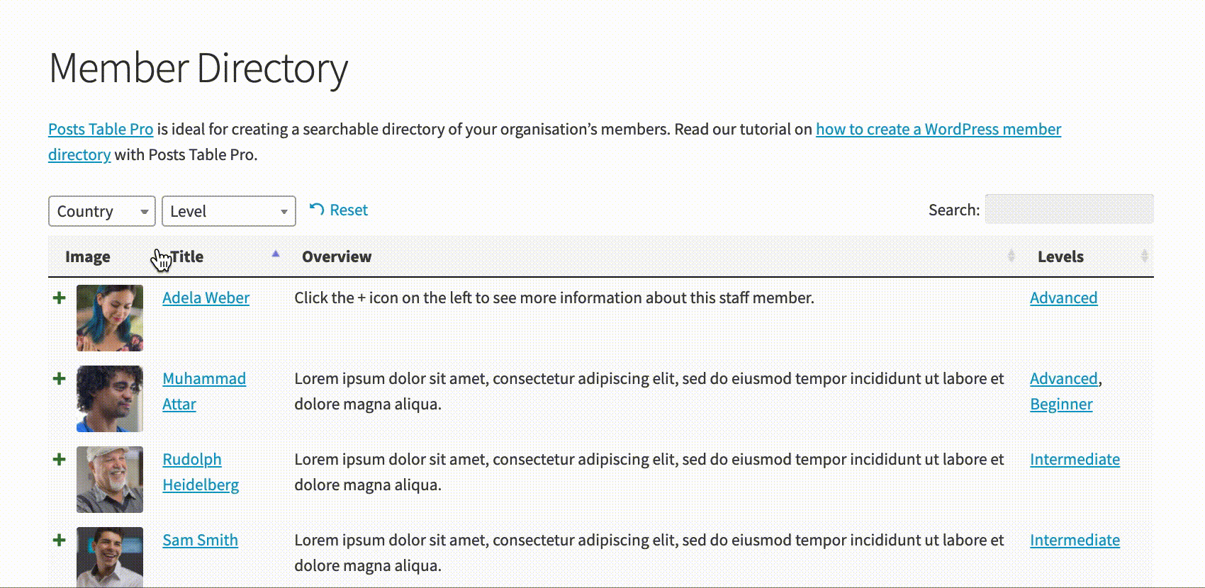 Member directory dynamic filters