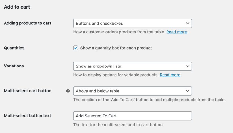 Add to cart settings