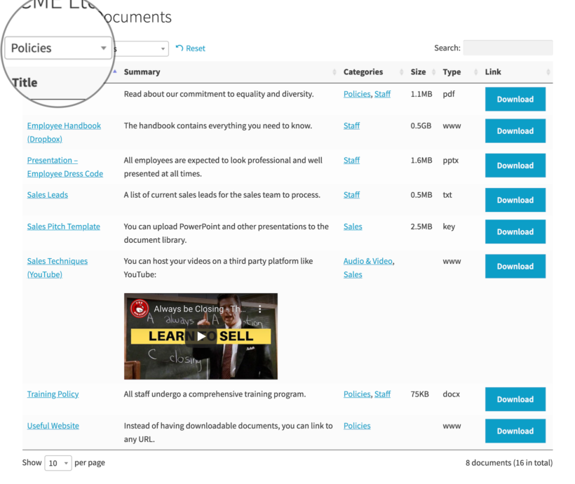 Filter document library