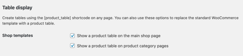 Table display settings