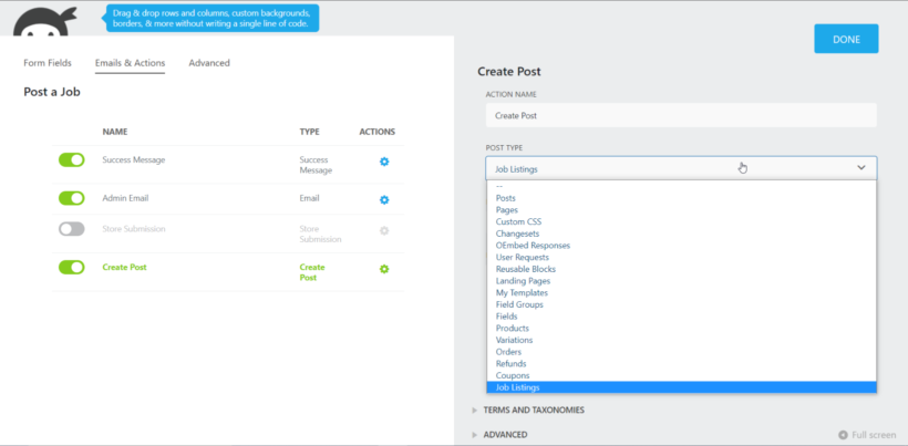 Connecting Ninja Forms with custom post type