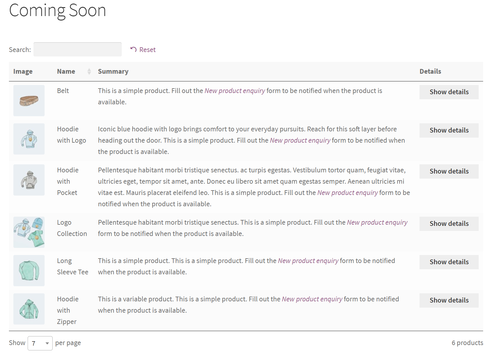 WooCommerce coming soon products listed