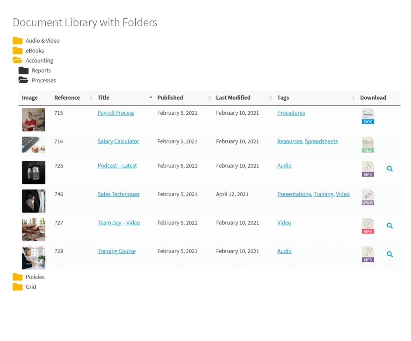 WordPress documents listed in a library with folders