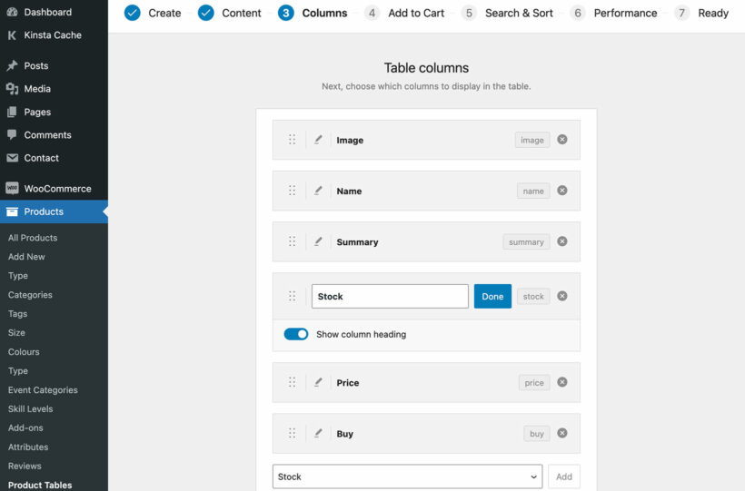 WooCommerce Product Table stock column