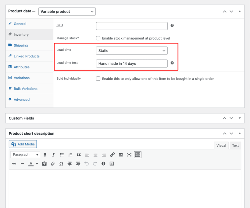 WooCommerce variation lead times plugin screenshot