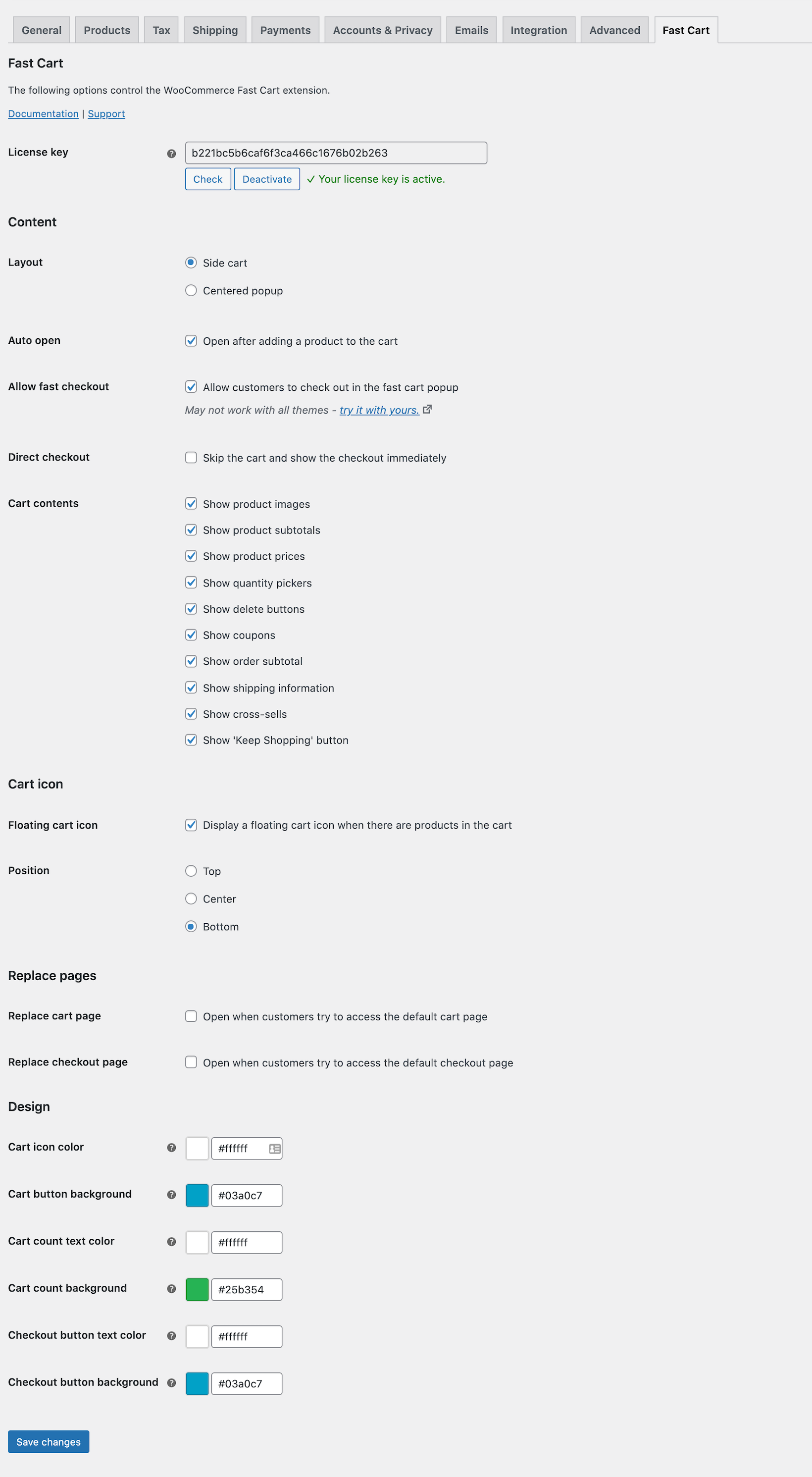 WooCommerce Fast Cart settings page