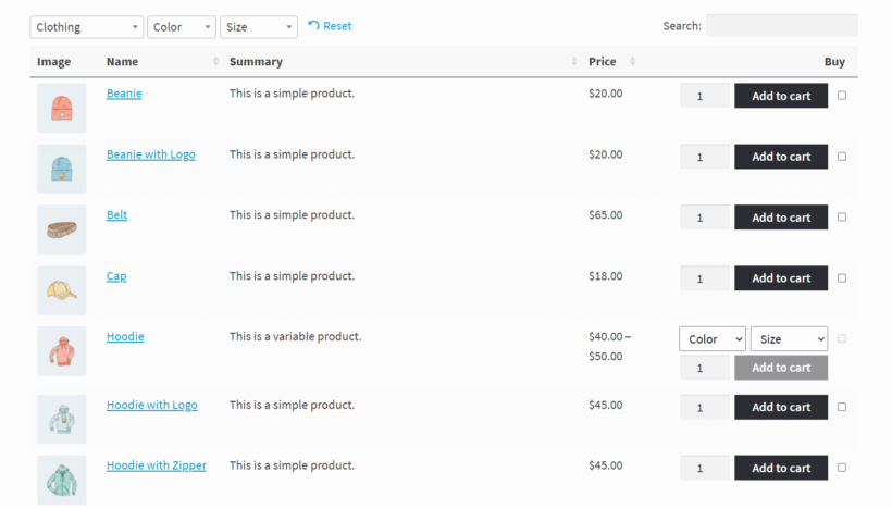 WooCommerce product table plugin in action