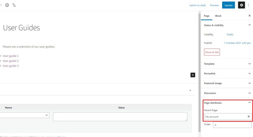 parent page my account area