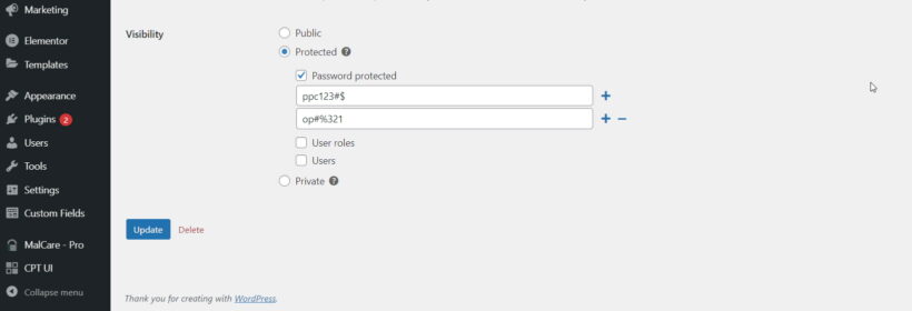 password protected categories settings