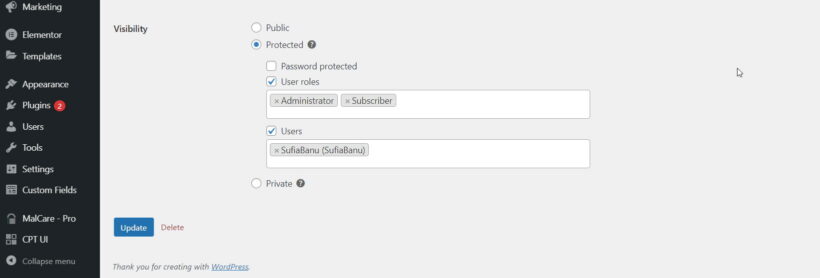 password protected categories user roles
