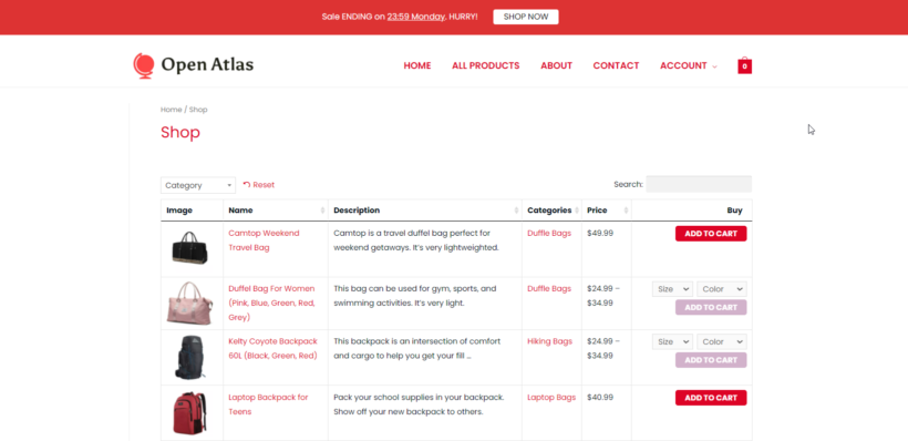 woocommerce shop page top banner