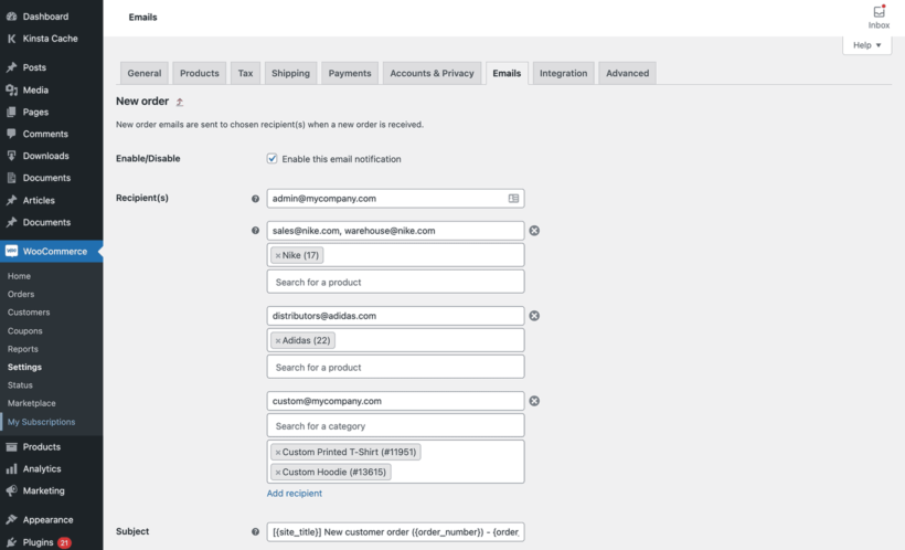 WooCommerce add order email recipients