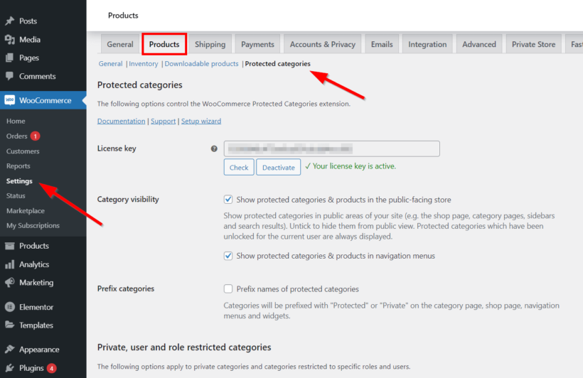 WooCommerce protected categories plugin settings