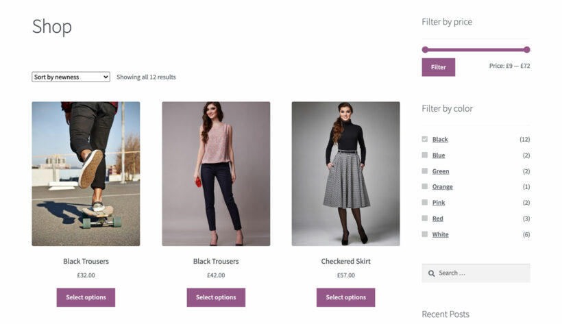 Default WooCommerce filters Storefront