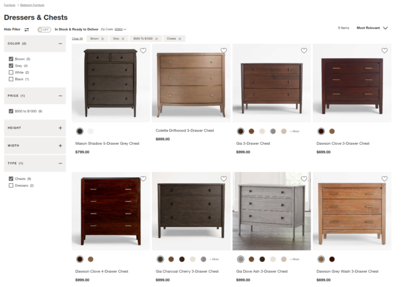 Crate and Barrel faceted filters