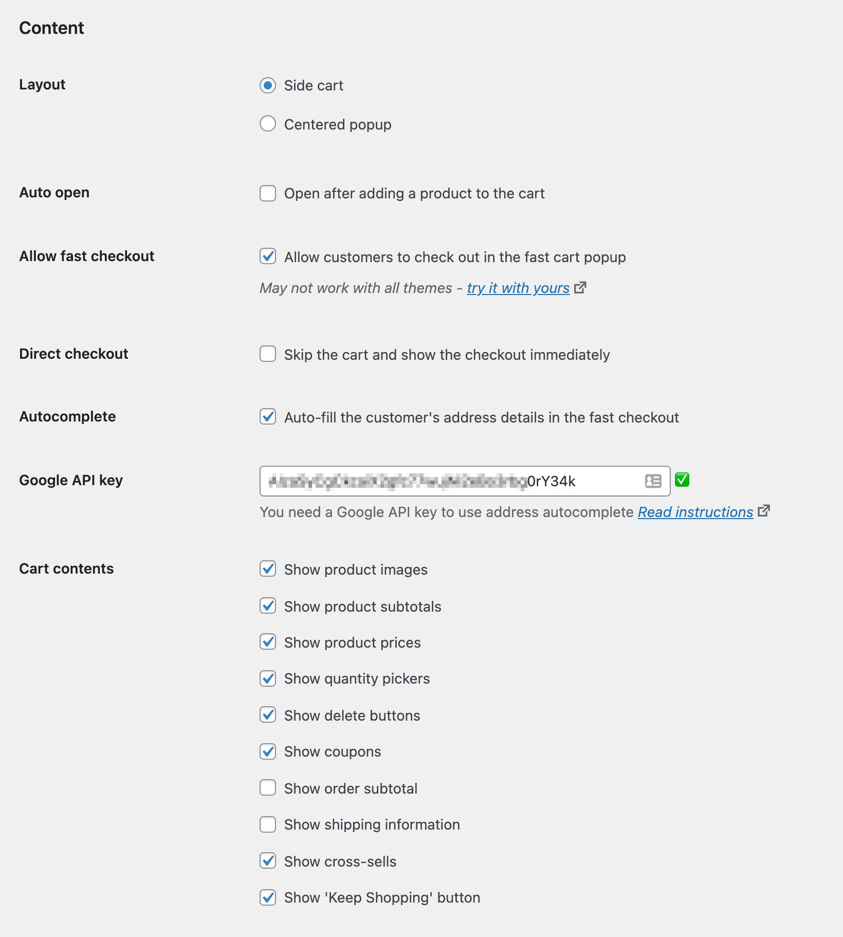 WooCommerce Fast Cart settings