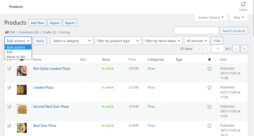 bulk edit default woocommerce