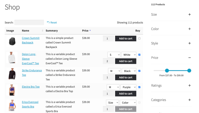 WooCommerce price filter with order form