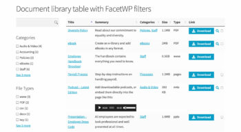 Document library table FacetWP filter widgets