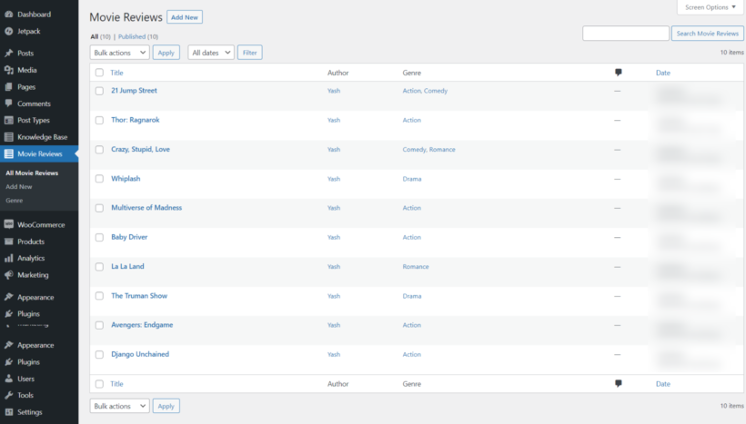 Movie reviews custom post type data