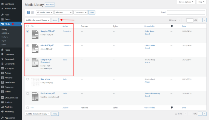 add pdf from media library