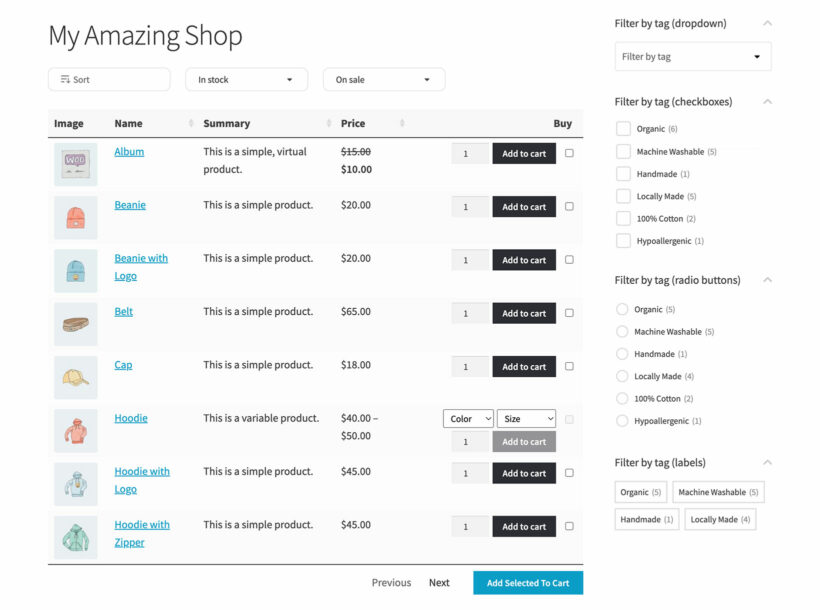 WooCommerce product table with filter by tag plugin